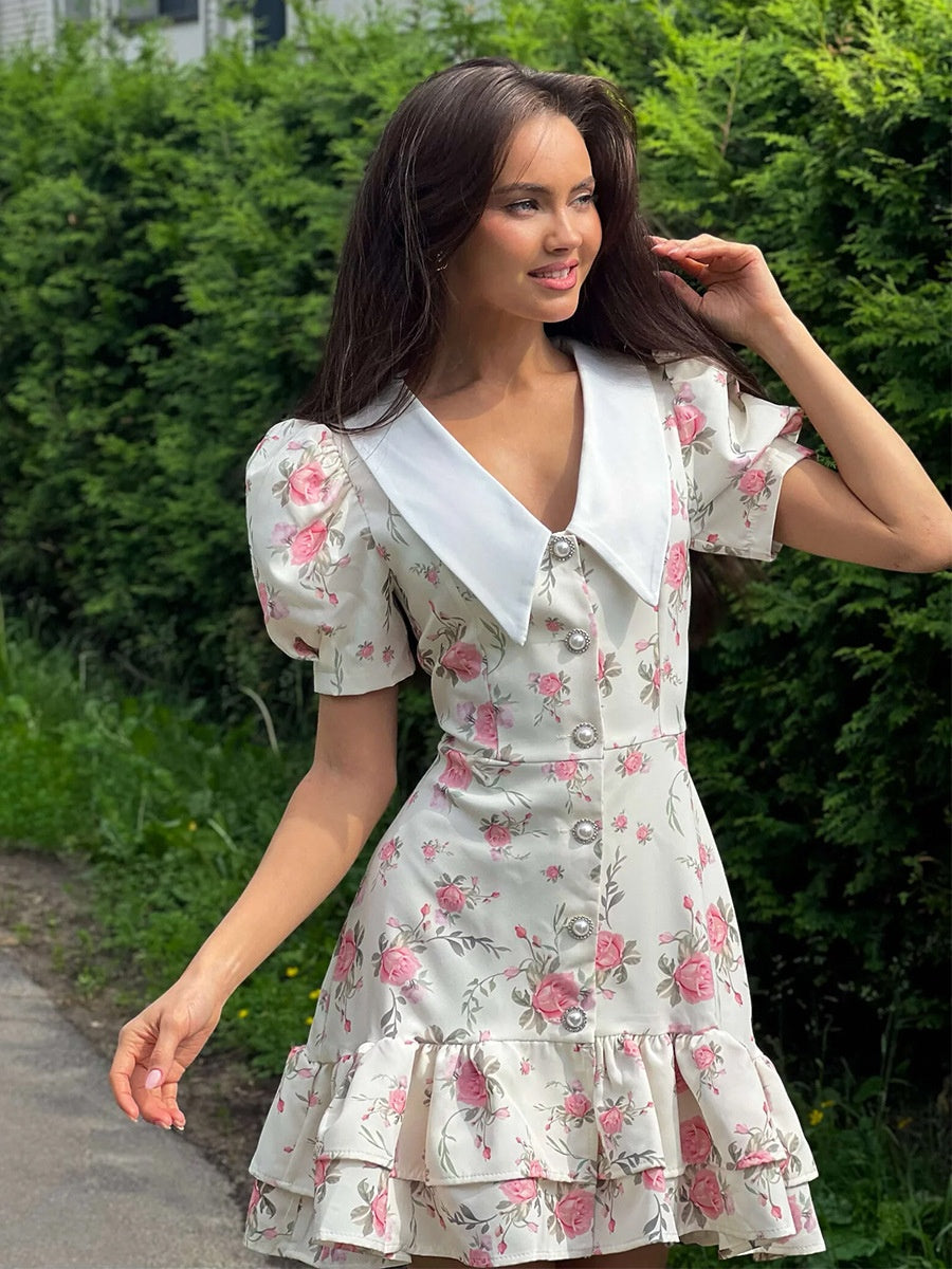 Waist Printed Floral Lapel Puff Sleeve Sweet Mini&Short Dresses