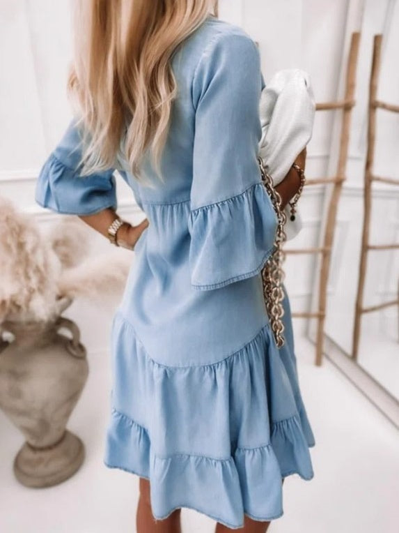 Washed Cotton Three-quarter Sleeve A-line Denim Midi Dress