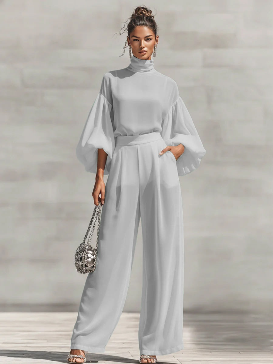 Chiffon Stand-up Collar Puff Sleeve High-waisted Draped Wide-leg Pants Two-piece Set