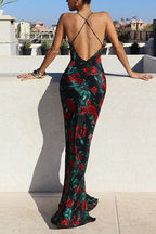 Spaghetti Strap Open Back Floral Print Maxi Dress