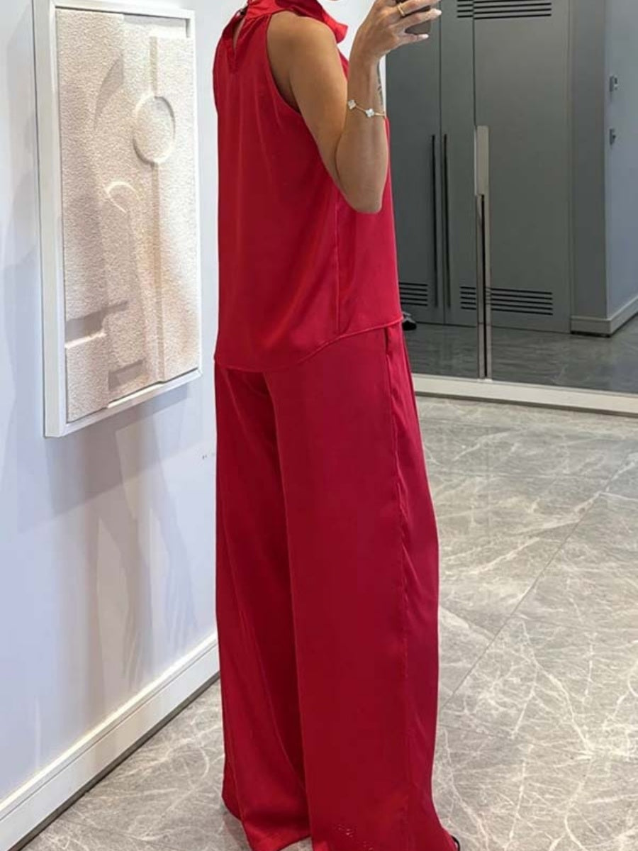 Swing Collar Sleeveless Top Straight-leg Trousers Set 2-piece Sets