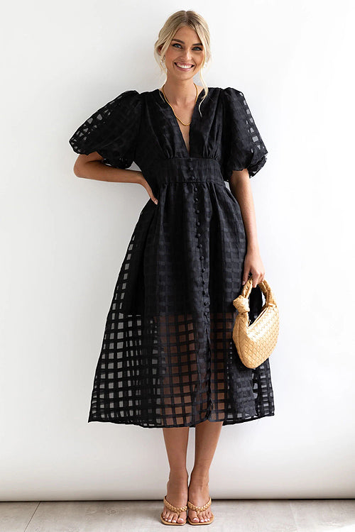 Puff Sleeve Sheer Grid Check Empire Waist Button Front Midi Dress