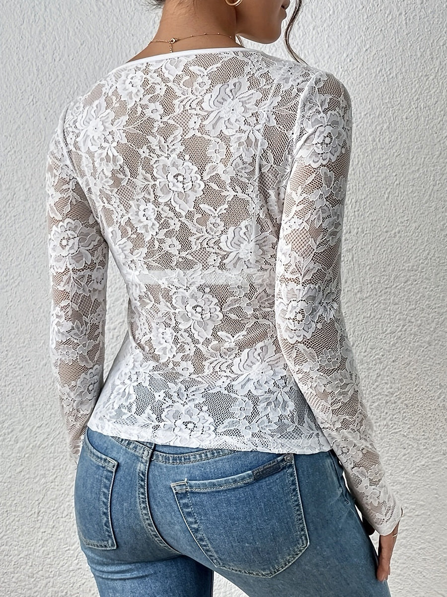 Lace-trimmed Long-sleeved Sheer Top