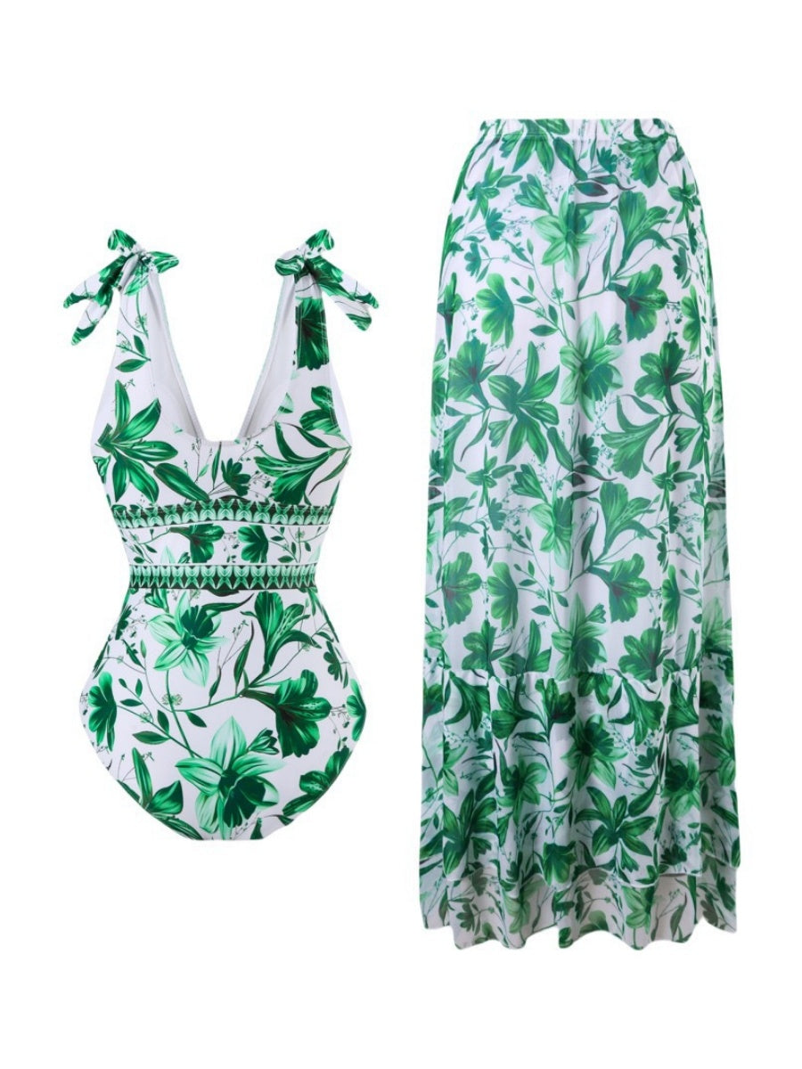 Blue And White Porcelain Print One-piece Slimming And Figure-flattering Long Swimsuit And Sun Protection Dress Two-piece Set