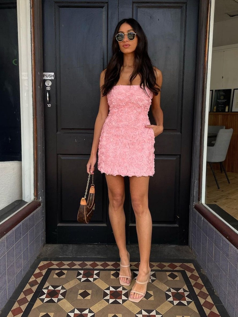 Versatile 3D Floral Strapless Bodycon Mini Dress