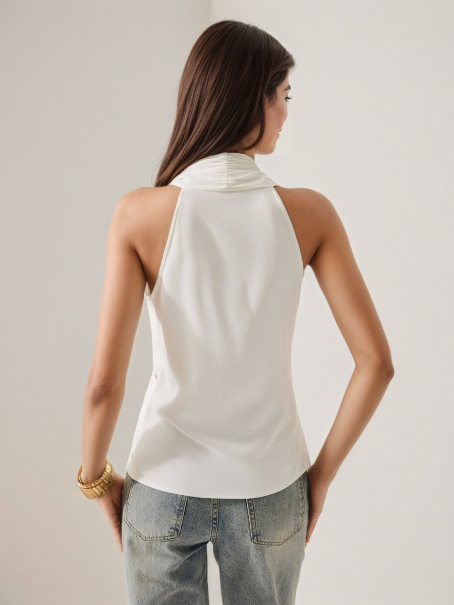 Satin V-neck Lace Up Sleeveless Shirts Tank Tops