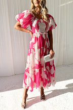 Off Shoulder Puff Sleeves Tiered Printed Midi Swing Dress