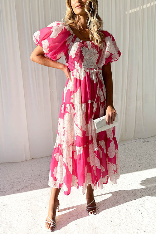 Off Shoulder Puff Sleeves Tiered Printed Midi Swing Dress