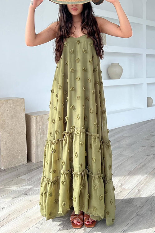 Floral Appliques Ruffle Trirm Swimg Maxi Cami Dress