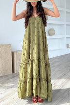 Floral Appliques Ruffle Trirm Swimg Maxi Cami Dress