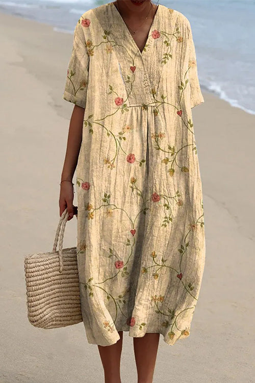V Neck Short Sleeves Floral Print Loose Midi Vacation Dress