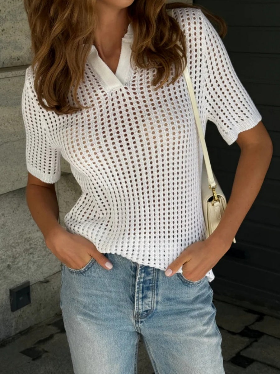 Hollow Crochet Lapel Short Sleeve Knitwear T-shirts