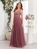 V-neck Embroidery Sequins Elegant Gauze Formal Dress Maxi Dresses
