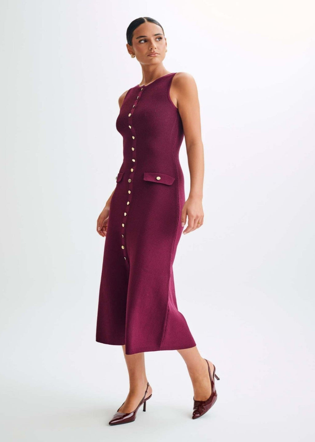 Crew Neck Ribbed Knit Button Front Flap Pocket Sleeveless Midi Dress