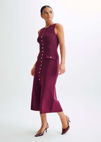 Crew Neck Ribbed Knit Button Front Flap Pocket Sleeveless Midi Dress