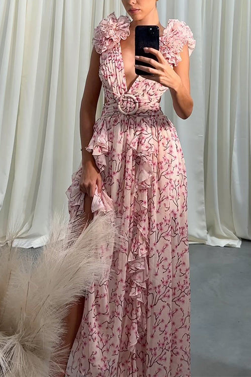Deep V Neck Cut Out Sleeveless Ruffle Floral Print Maxi Dress