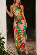 One Shoulder Cut Out Asymmetric Hem Floral Print Pleated Maxi Dress