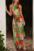 One Shoulder Cut Out Asymmetric Hem Floral Print Pleated Maxi Dress