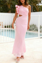 Frill One Shoulder Cut Out Waist Maxi Dress
