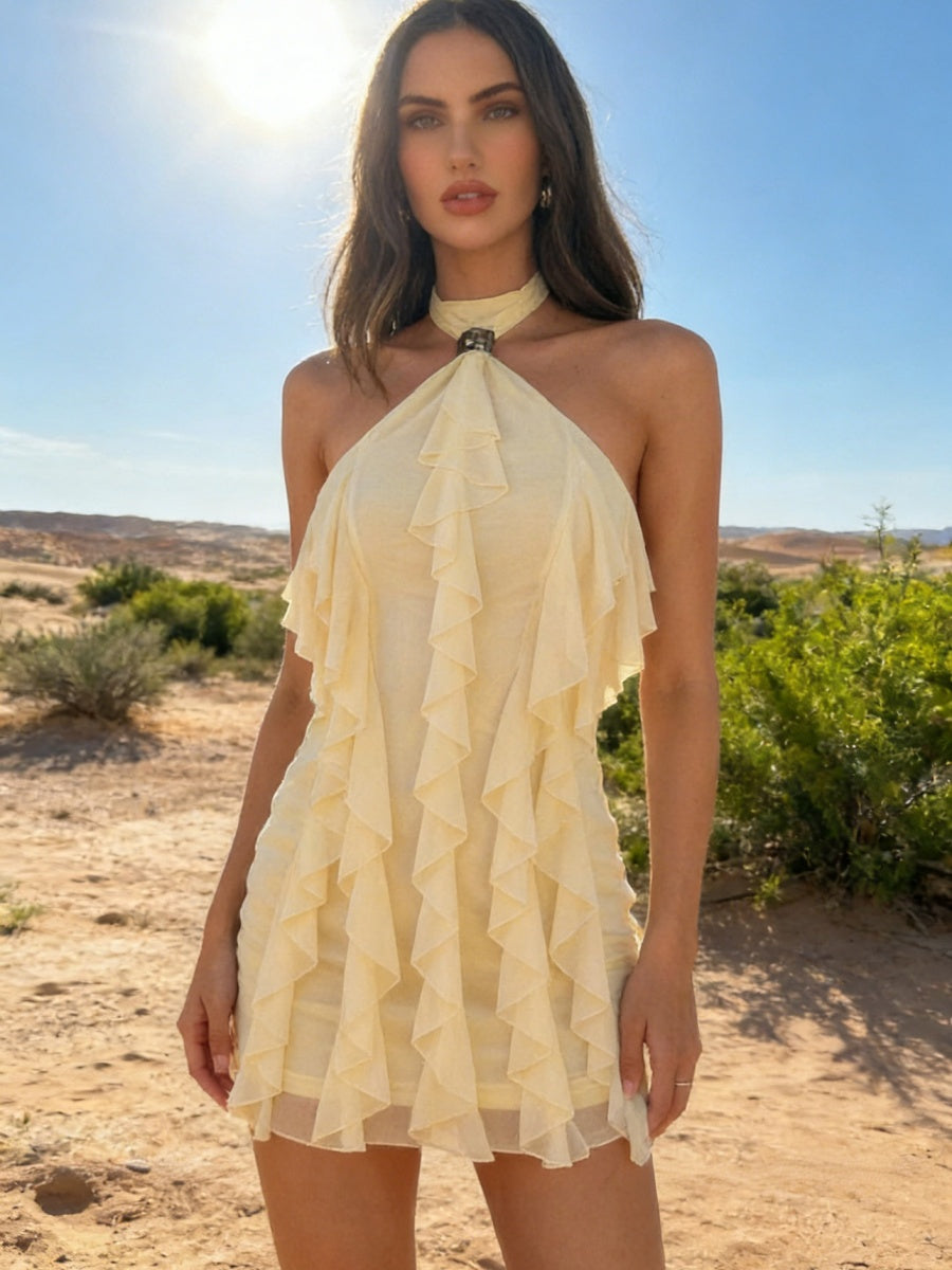 Halter Ruffle Hip-hugging Formal Dress Vacation Mini&Short Dresses