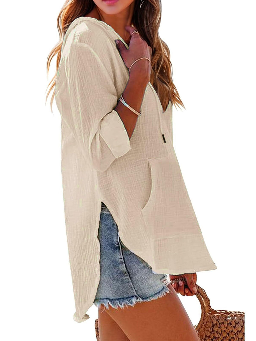 Long-sleeved V-neck Pocket Hoodie