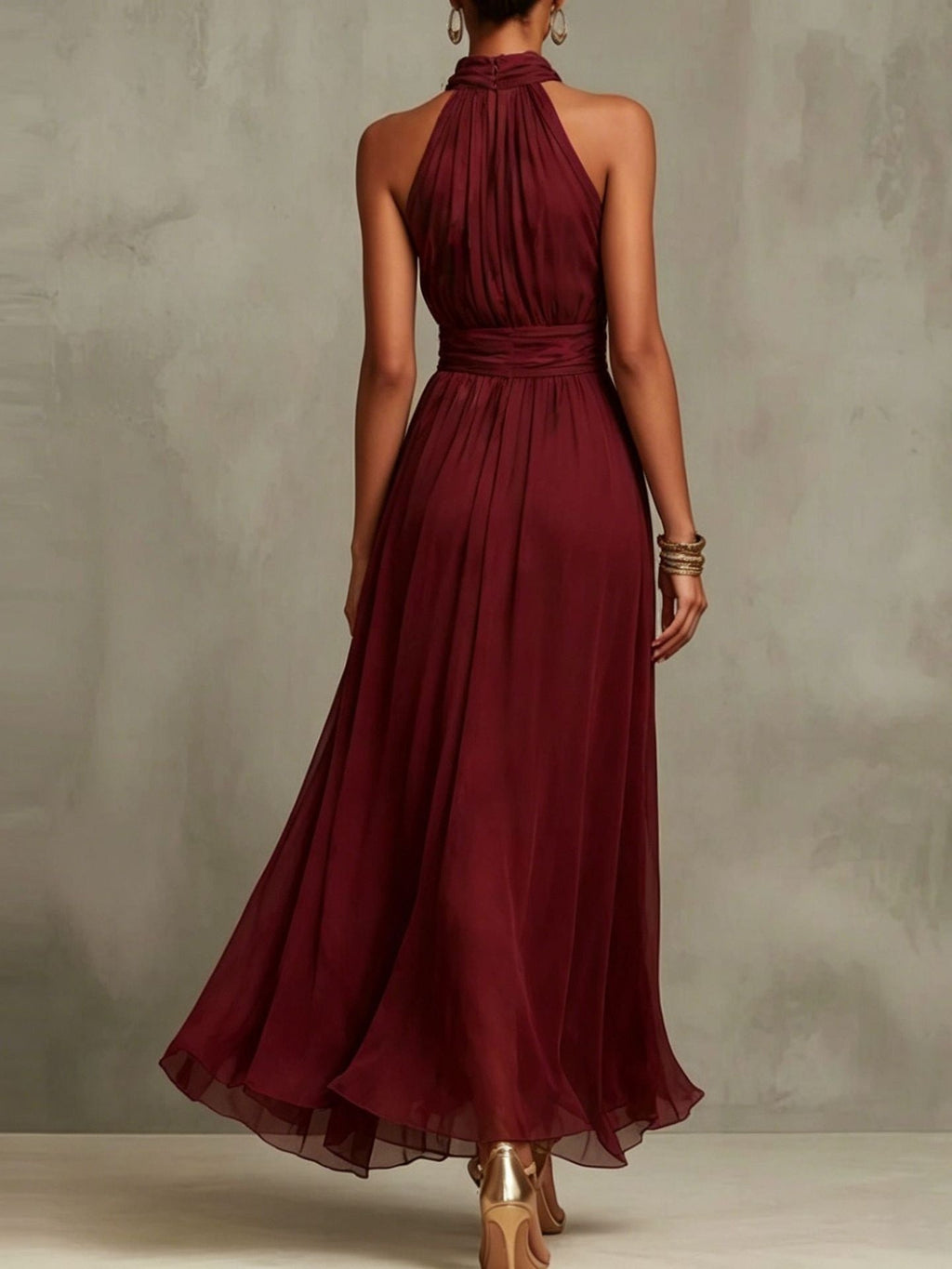 Halter Neck Solid Color Chiffon Vacation Style Waist-cinching Pleated Long Dress