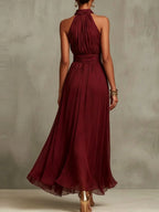 Halter Neck Solid Color Chiffon Vacation Style Waist-cinching Pleated Long Dress
