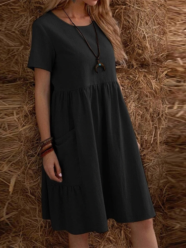 Retro Loose-fitting Pocket Solid Color Round Neck Cotton Linen Short Dress