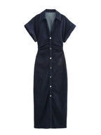 V-neck Short Sleeve Waist Hip-hugging Button Slit Commuting Temperament Maxi Dresses