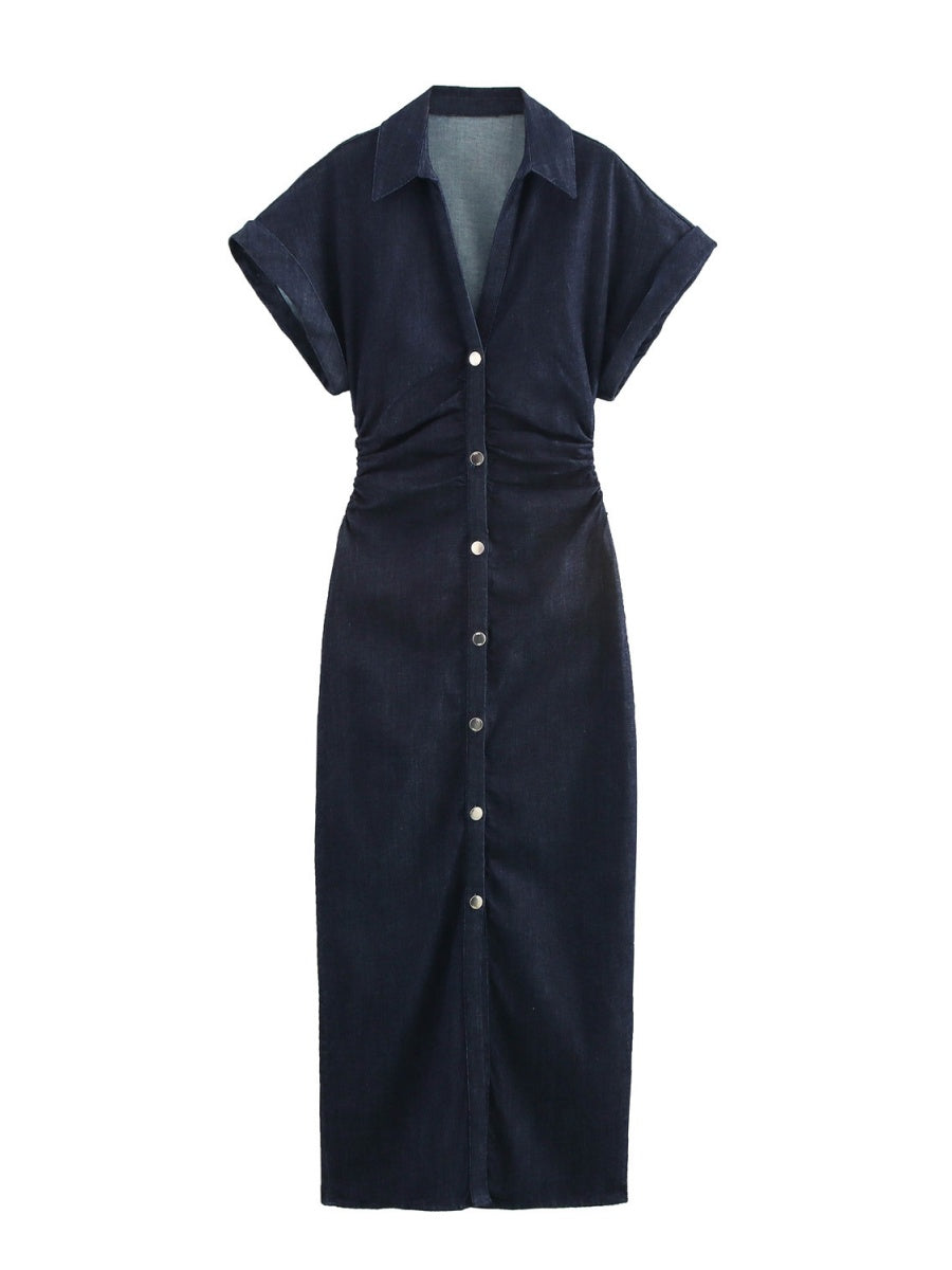 V-neck Short Sleeve Waist Hip-hugging Button Slit Commuting Temperament Maxi Dresses