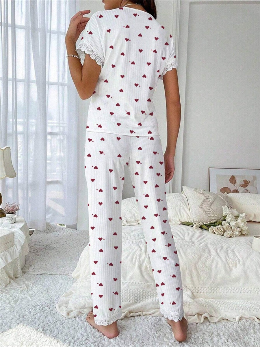 Cherry Print Water-soluble Embroidered Trim Short-sleeved Trousers Set That Can Be Worn As Loungewear