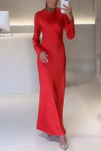 Round Neck Long Sleeves Satin Maxi Party Dress