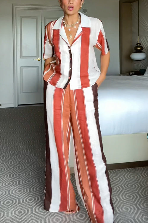Striped Short Sleeves Button Down Shirt Wide Leg Pants Set