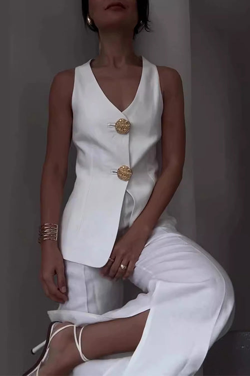 V Neck Button Up Vest Top and Slit Wide Leg Pants Linen Suit Set