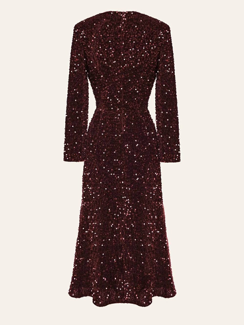 Round Neck Long Sleeve Allover Sequin Sheath Midi Dress