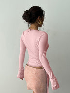 Lace-trimmed V-neck Tie-up Long Sleeves T-shirts