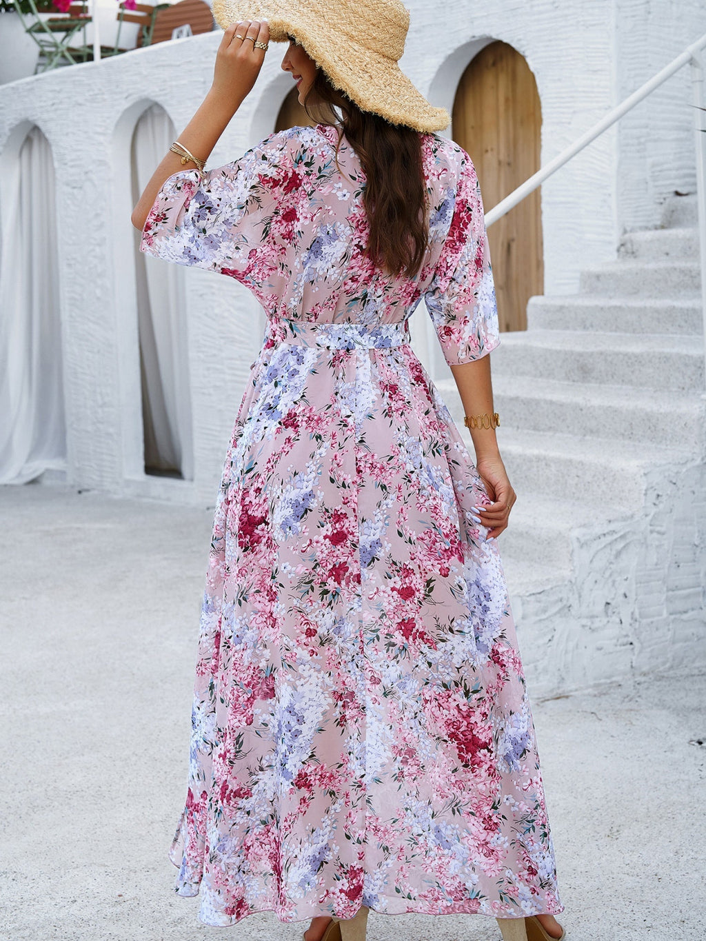Printed Straps V-neck Short Sleeve Slit Maxi Dresses