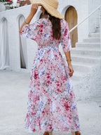 Printed Straps V-neck Short Sleeve Slit Maxi Dresses