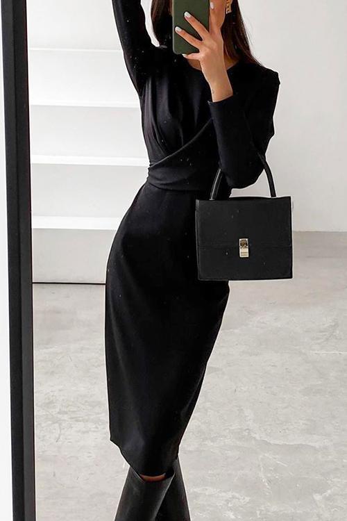 Solid Front Cross Slit Back Ruched Midi Dress