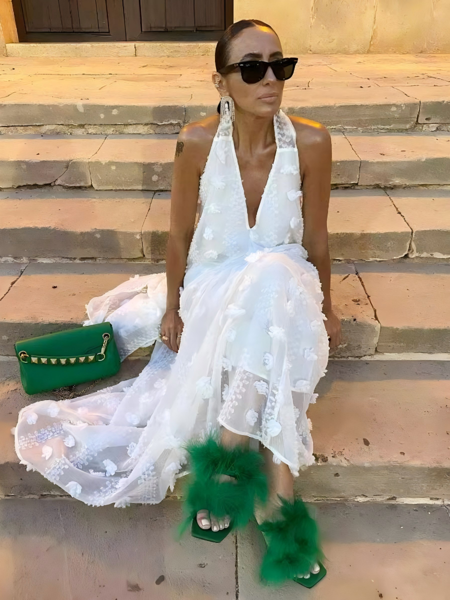 Halter-neck V-neck Long Dress With Flowing Ribbons