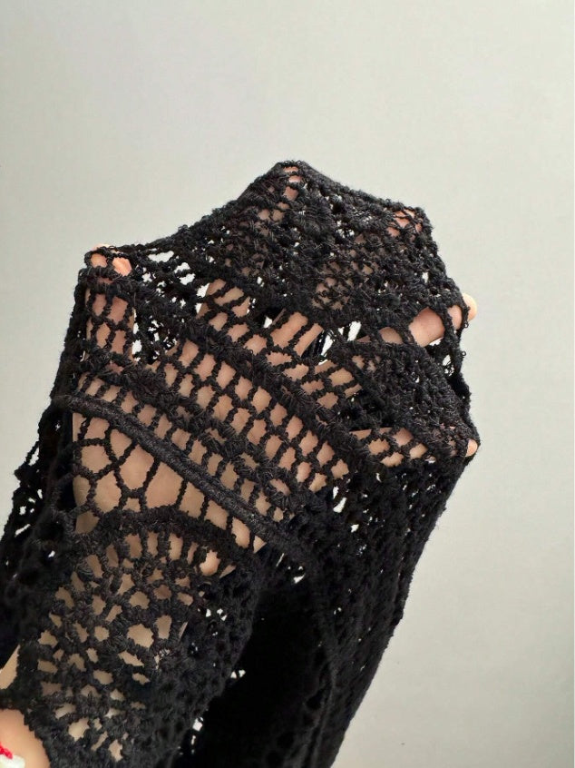 Crocheted Openwork Knit See-through Top, Solid Color Beach Bikini Cover-up