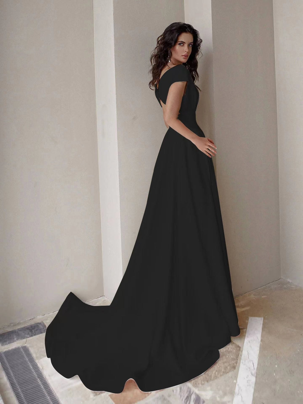 V-neck, Ruffled, White, Mid-waisted, Solid Color Long Dress