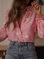 Floral Embroidery Color Block V-Neck Long-Sleeve Shirt