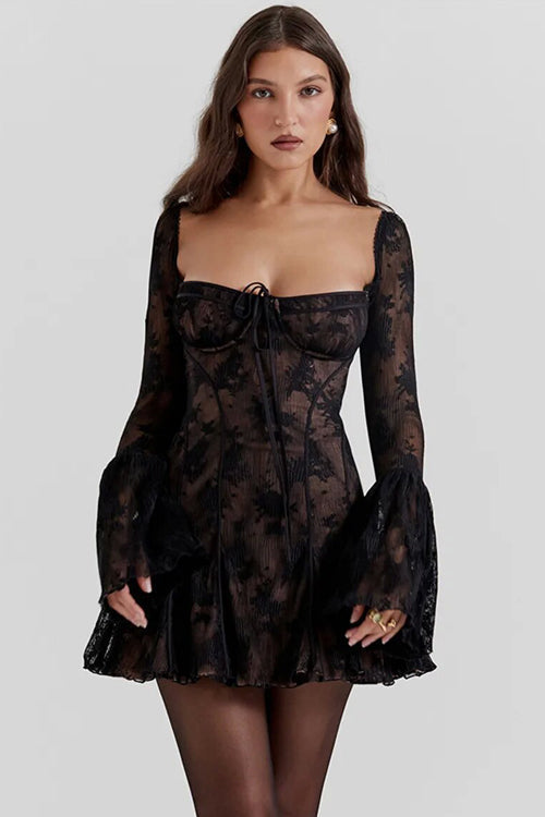 Square Neck Corset Tie Front Floral Lace Bell Sleeve Mini Dress