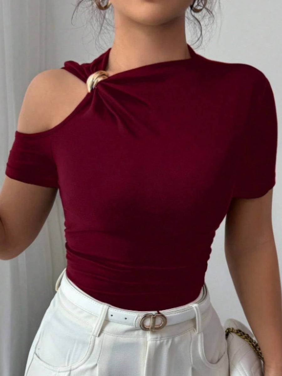 Asymmetrical Neckline, One-shoulder, Metallic Embellishment, Slim-fitting T-shirt