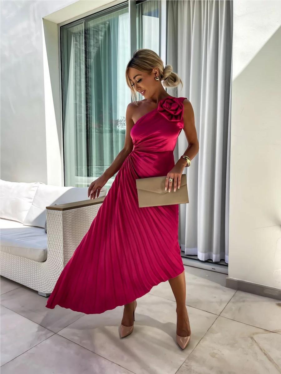 Sloping Shoulders Pleated Hollow Flowers Parties Bridesmaid Maxi Dresses
