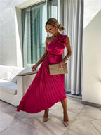 Sloping Shoulders Pleated Hollow Flowers Parties Bridesmaid Maxi Dresses