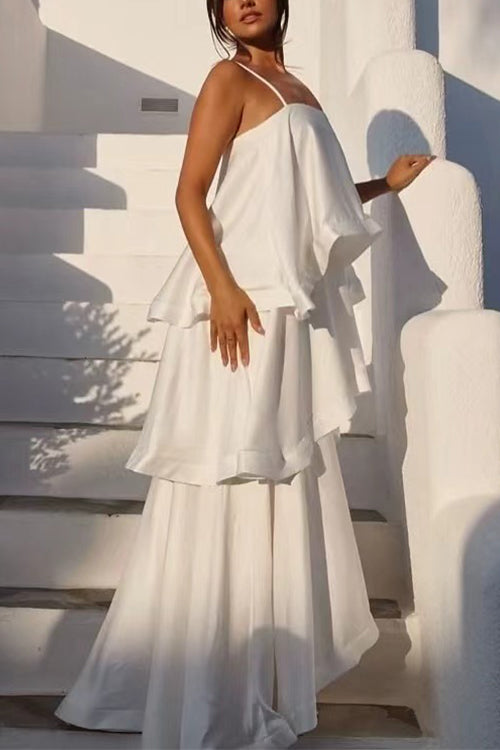 Adjustable Strap Ruffle Layered Satin Maxi Dress
