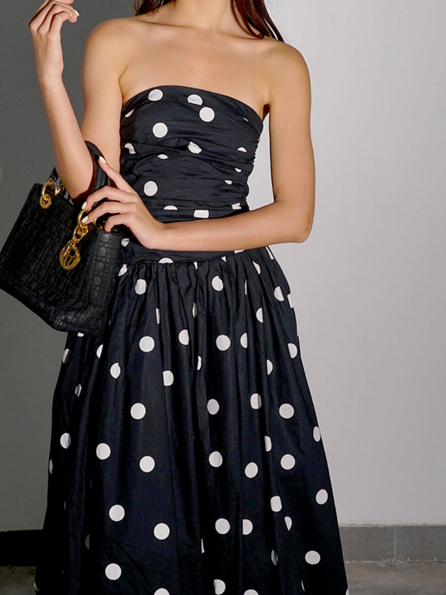 Polka Dot Pleated Strapless High-waisted Dress