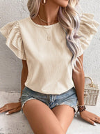 Round Neck Striped T-shirt With Ruffled Sleeves